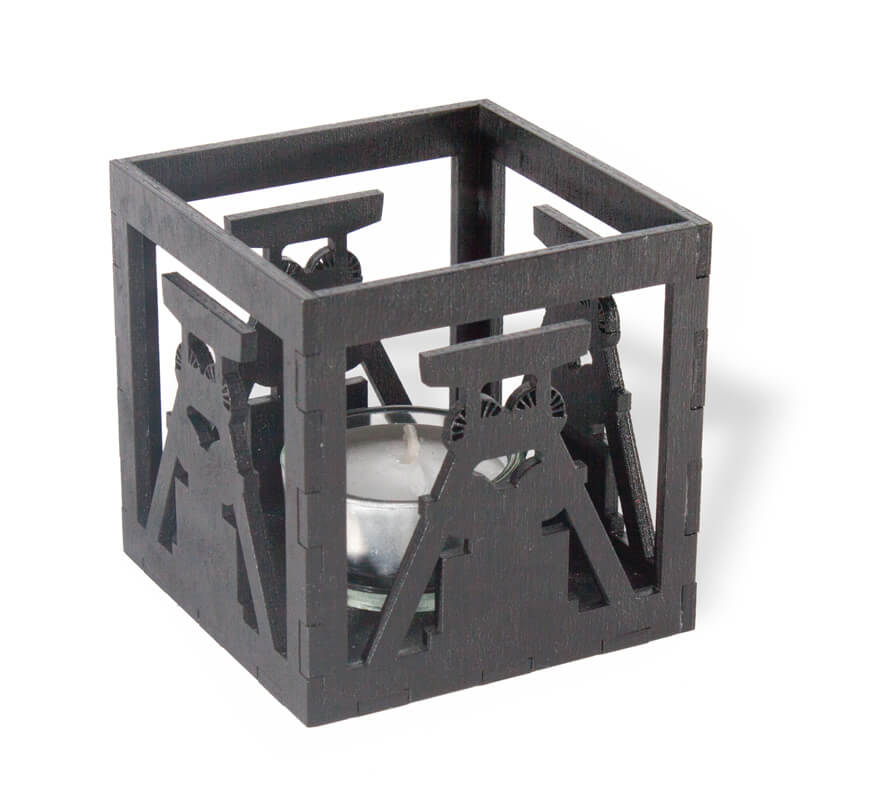 Windlicht Förderturm geschwärzt, mit Glaszylinder und Teelicht